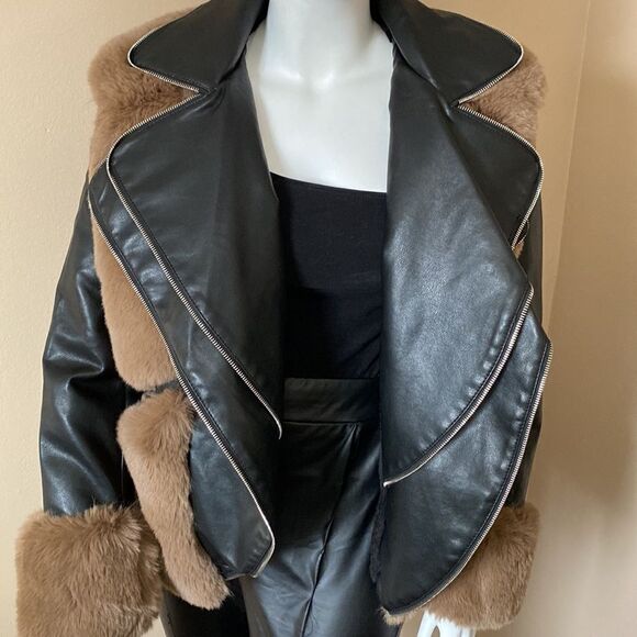 NWT Azalea Wang Faux Fur Leather Moto Jacket -Black & Brown - Size 1X - Picture 16 of 16